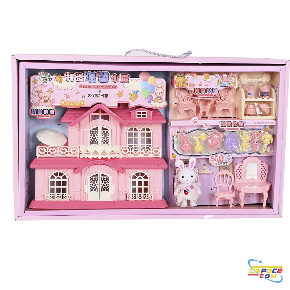 Pink rabbit house with furniture and accessories