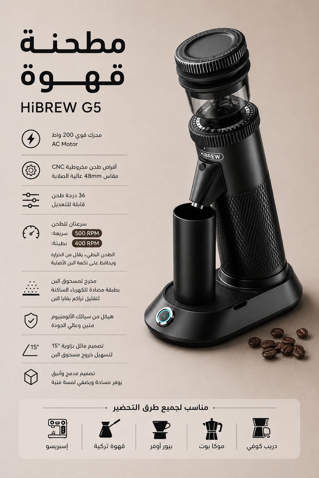 مطحنة القهوة الكهربائية HiBREW G5
