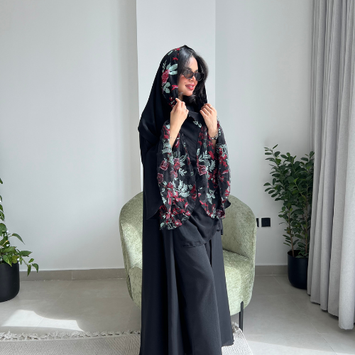 عباية انترنت سوداء الأكمام فرنسية مع تل مطرزة بالورد الأحمر (عباية مريم) 