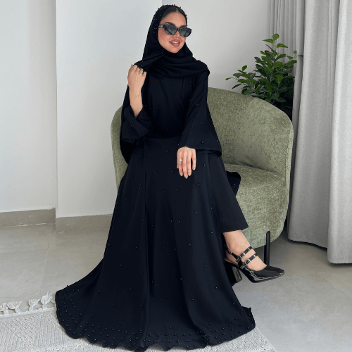 عباية كلوش مزينة باللؤلؤ الأسود على كامل العباية (عباية لميس) 