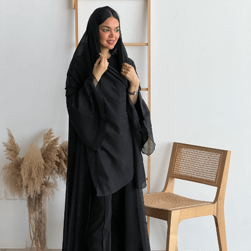 دبل فيس كلوش أسود حرير لماع وشيفون مطفي 