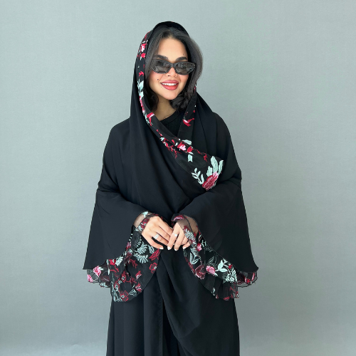 عباية انترنت سوداء الأكمام فرنسية مع تل مطرزة بالورد الأحمر (عباية مريم) 