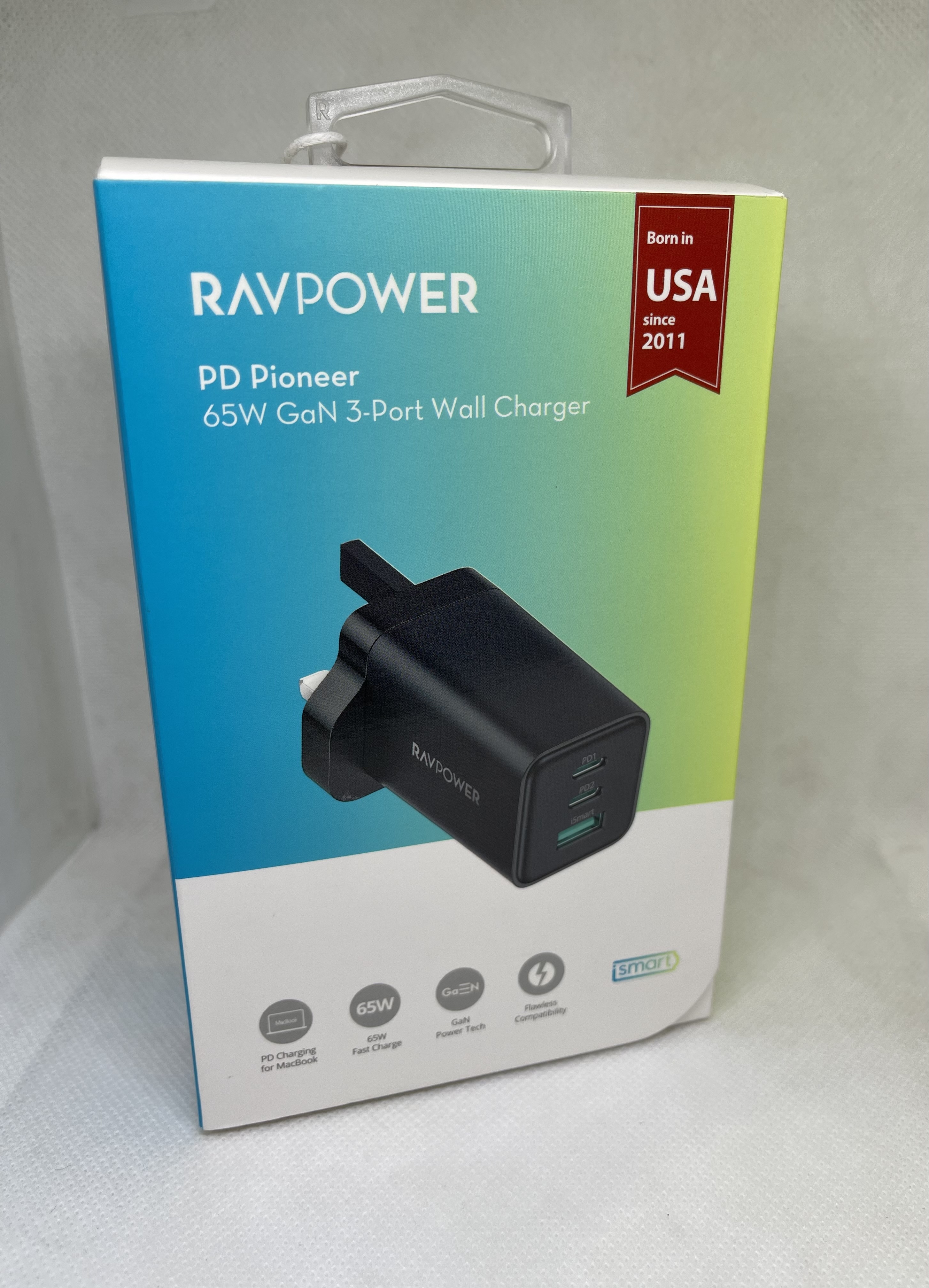 RavPower Pioneer 65W wall charger, two USB-C ports and one USB-A port