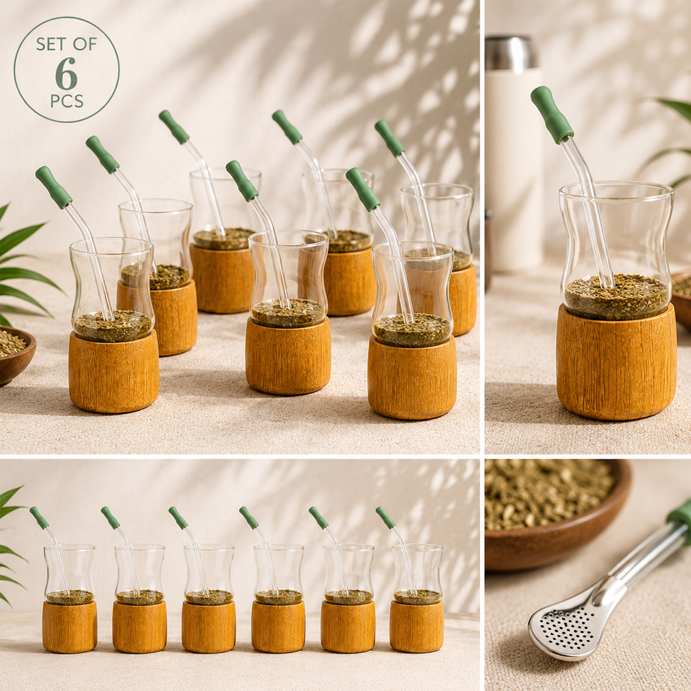  Glass Yerba Mate Cup Set with Wooden Holders and 6 Glass Straws – 6 Pieces 