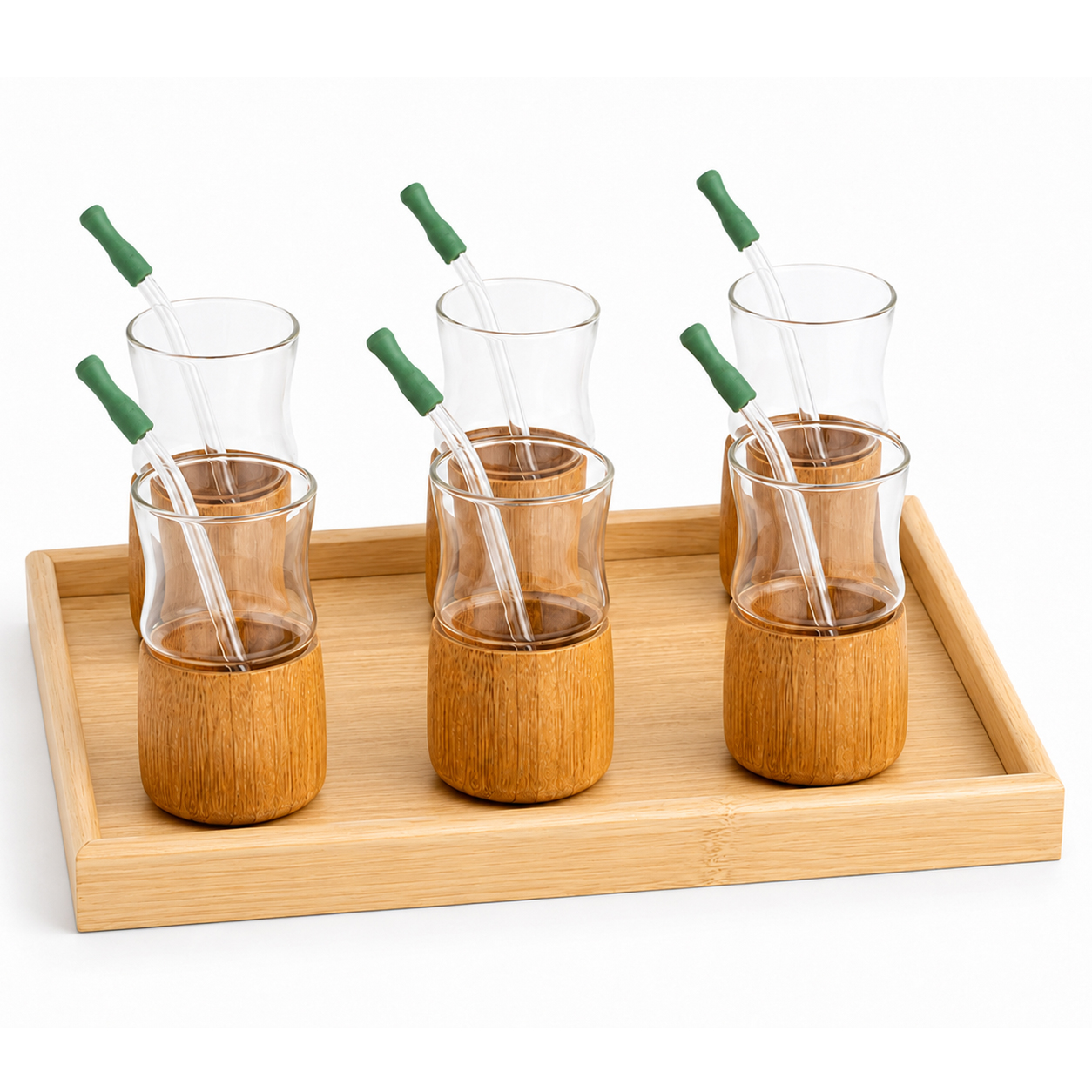  Rectangular Wooden Tray + Glass Yerba Mate Cup Set with Wooden Base and 6 Glass Straws – 6 Cups 