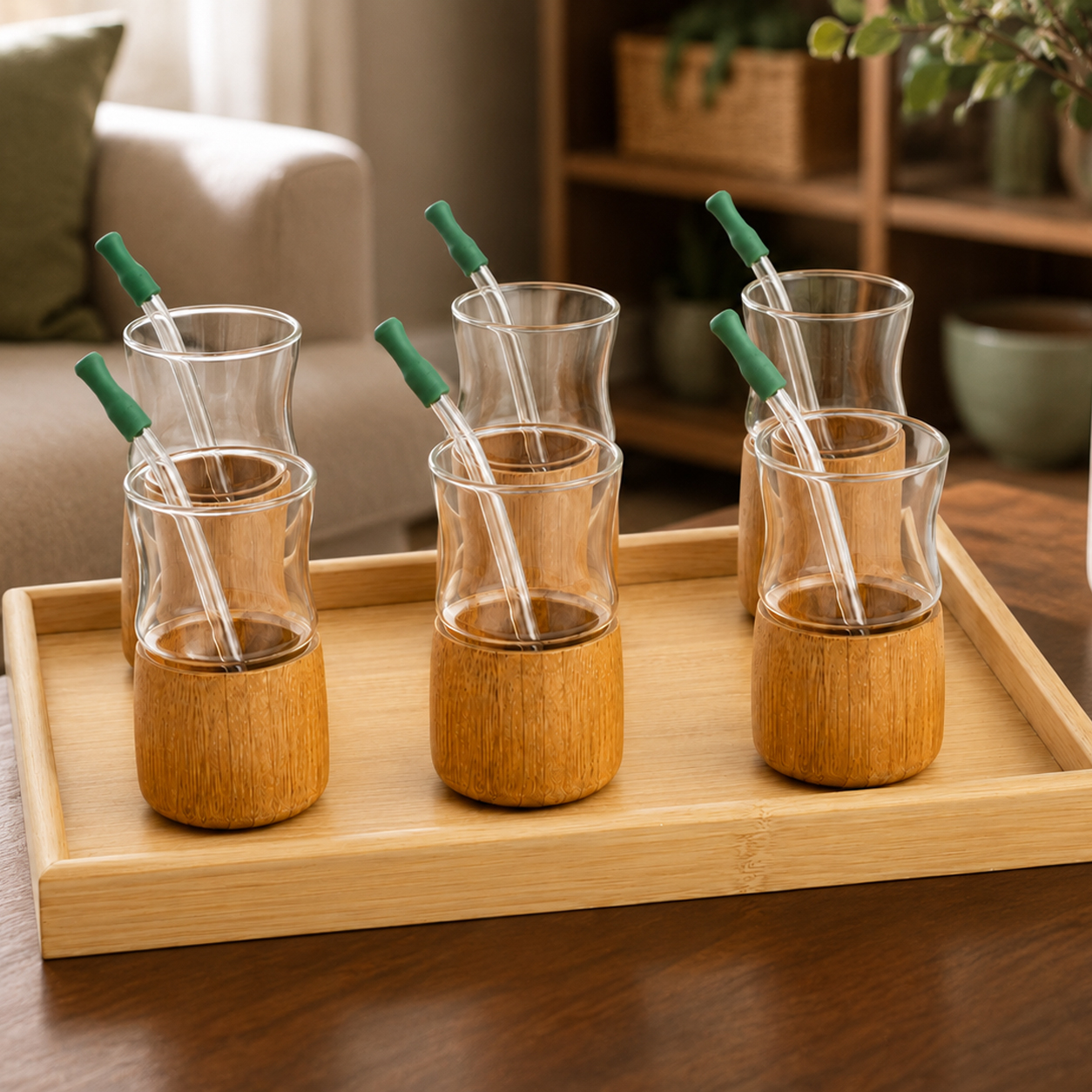  Rectangular Wooden Tray + Glass Yerba Mate Cup Set with Wooden Base and 6 Glass Straws – 6 Cups 