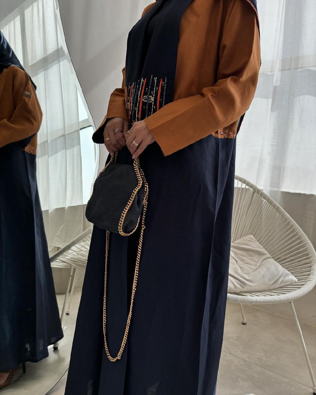  عباية لينن لونين البرتقالي والكحلي شك  
