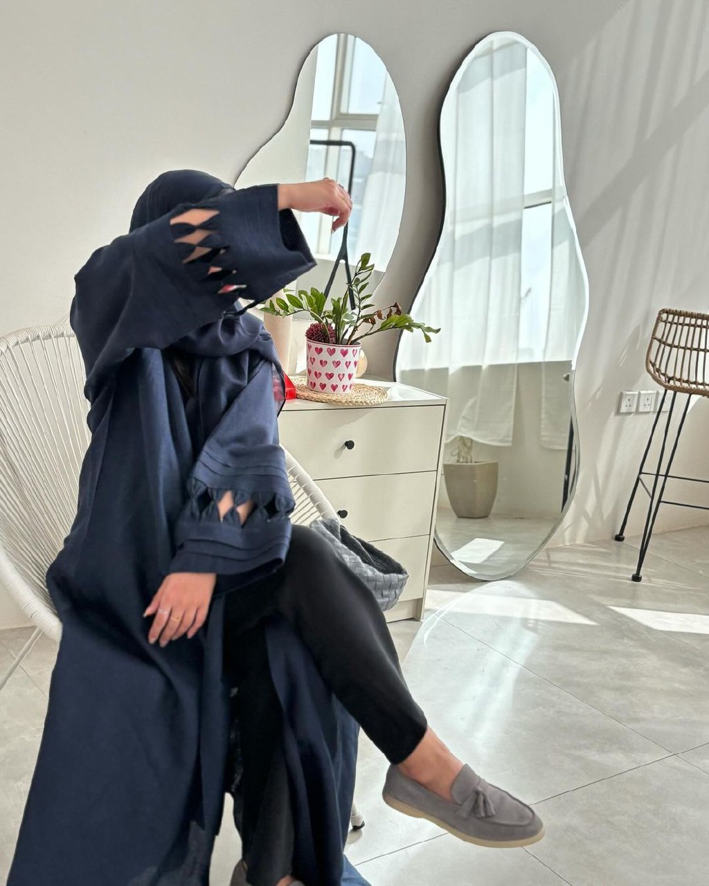  عباية لينن أكمام ربط كحلي 
