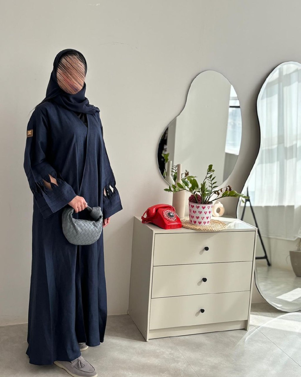  عباية لينن أكمام ربط كحلي 