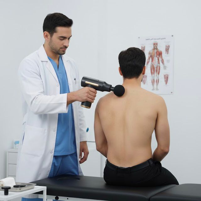 رجل يستخدم جهاز مساج عضلي يدوي لتخفيف آلام الكتف والعضلات