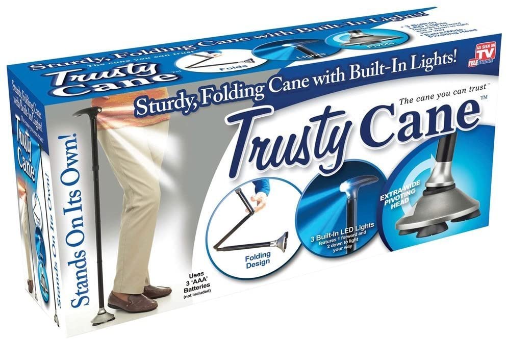علبة المنتج الأصلية Trusty Cane مع إبراز مزاياه الرئيسية مثل الإضاءة، القابلية للطي، والقاعدة الثابتة.