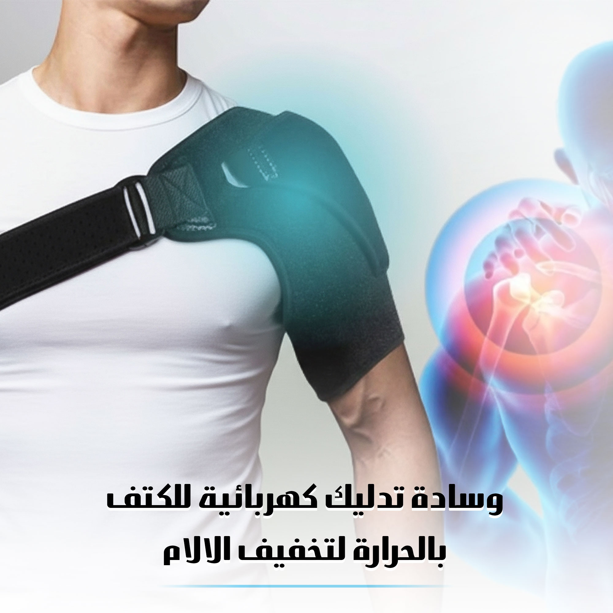 دعامة كتف كهربائية مع وسادة حرارية وصور توضيحية لزوايا الاستخدام