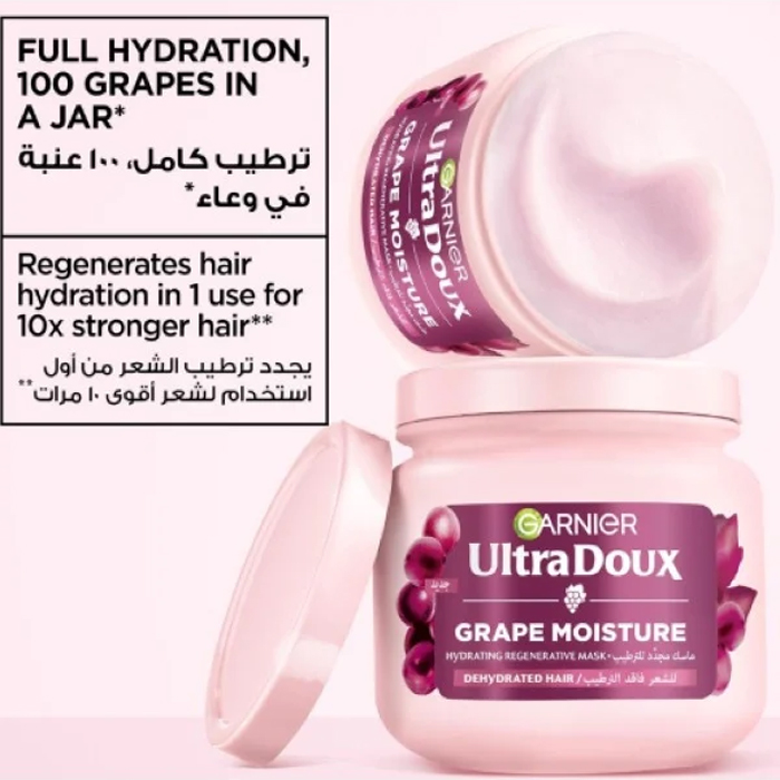  Garnier Ultra Doux Hair Mask with Grape Water and Grape Seed Oil Moisturizing Treatment for Dry Hair 340ml 