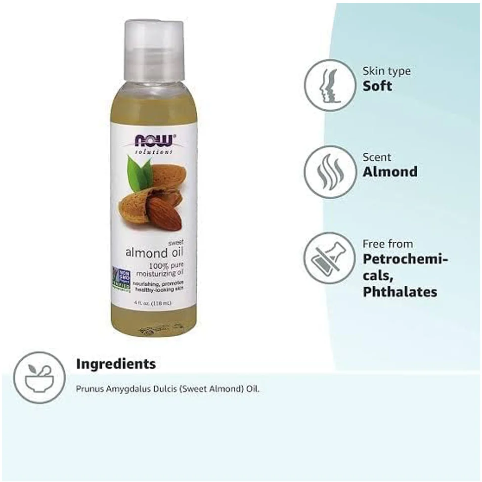  NOW Solutions, Sweet Almond Oil, 100% Pure Moisturizing Oil, Promotes Healthy-Looking Skin, Unscented Oil, 4-Ounce 
