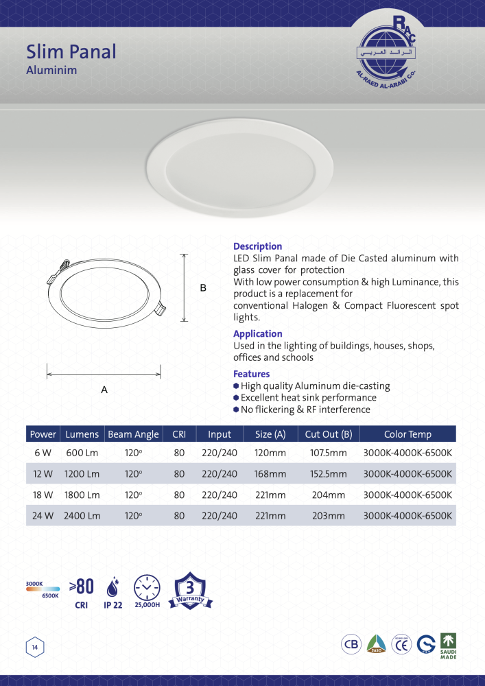 Indoor LED Panel 18W Yellow Round 3 Year Warranty (Al Raed)