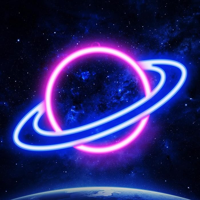 مصباح نيون LED على شكل كوكب تزيّن ديكور الحائط بمنفذ USB أزرق وردي 30 x 17.5سم