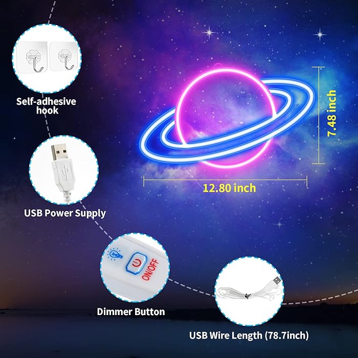 مصباح نيون LED على شكل كوكب تزيّن ديكور الحائط بمنفذ USB أزرق وردي 30 x 17.5سم