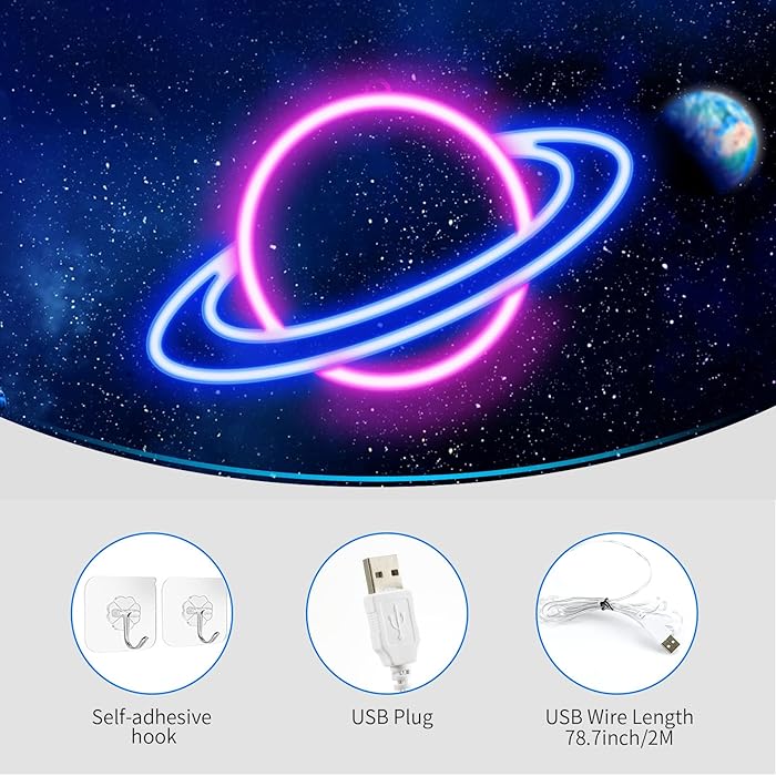 مصباح نيون LED على شكل كوكب تزيّن ديكور الحائط بمنفذ USB أزرق وردي 30 x 17.5سم