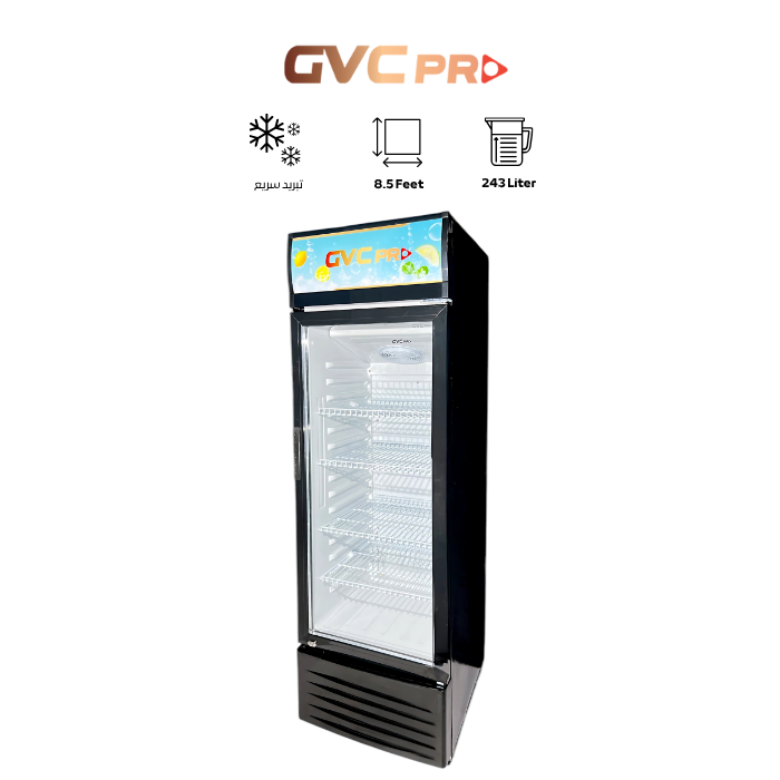 ثلاجة GVC جي في سي برو 10 قدم بيضاء مع أبواب زجاجية، تعرض محتوياتها بشكل واضح.