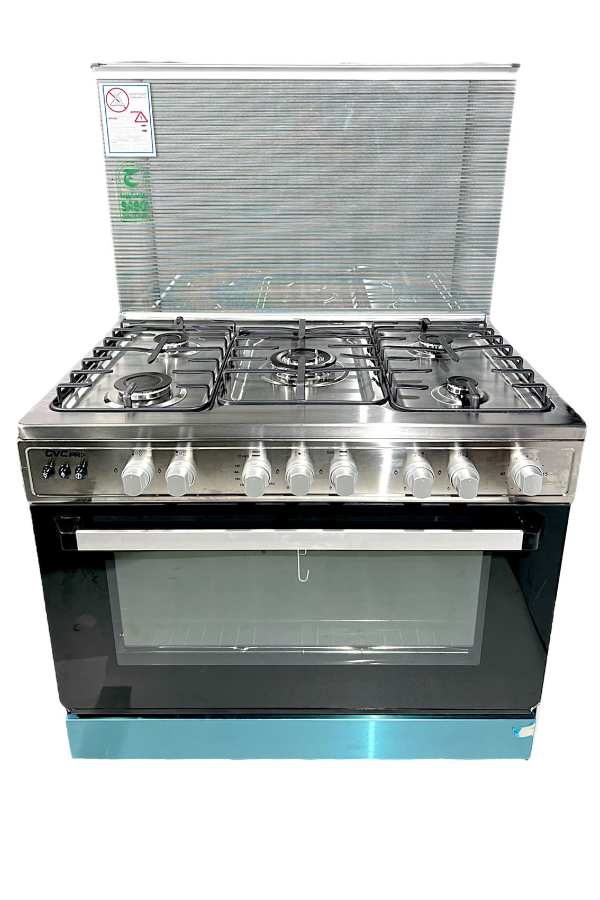 فرن GVC PRO 90*60 سم، باللون الأسود والأزرق، مع سطح أزرق مميز.