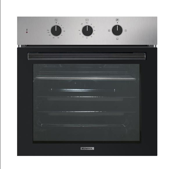 فرن كهربائي أسود وفضي مع ثلاثة شعلات، موديل KUMTEL 60*60 سم بلت ان تركي، يحتوي على 8 وظائف.