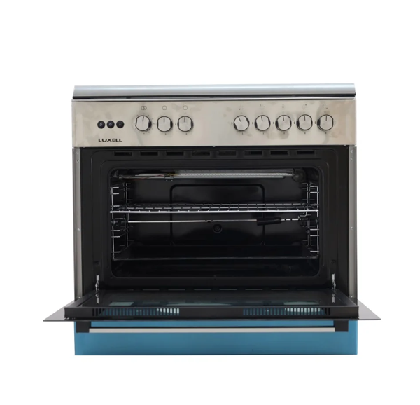 فرن LUXELL لوكسيل 90*60 سم، باللون الأزرق والفضي، مزود بباب زجاجي.