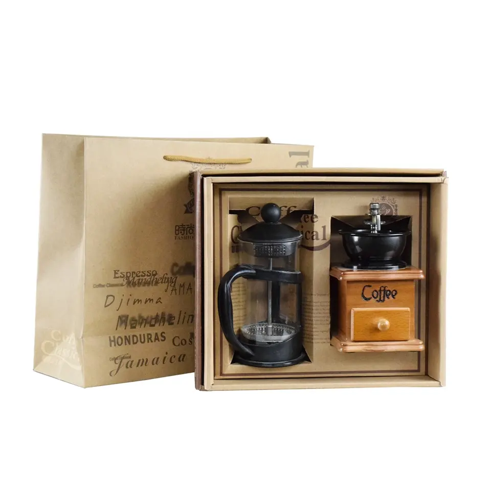 Coffee Gift Set with Manual Grinder and Glass-Wood French Press