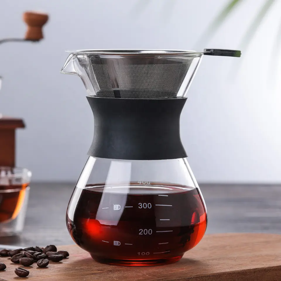 Glass coffee pot with metal filter