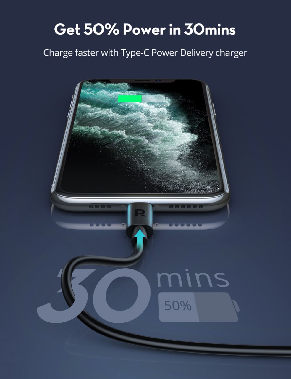 كيبل للآيفون من RAVPOWER راف باور USB-C إلى Lightning بطول 1 متر- اللو
