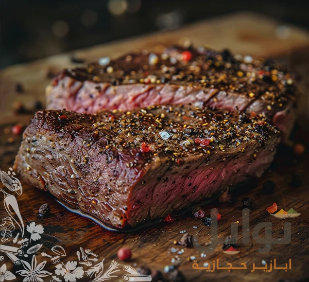 ستيك مشوي مغطى بطبقة سميكة من الفلفل الأسود المجروش لنكهة حادة