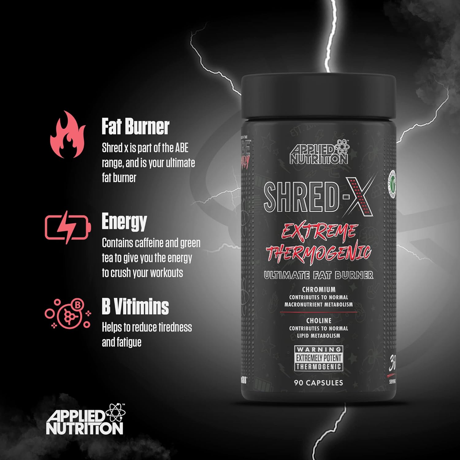  أبلايد نيوتريشن - شريد إكس ثيرموجينك حارق الدهون (90 كبسولة - 30 حصة) - Applied Nutrition Shred X Fat Burner 