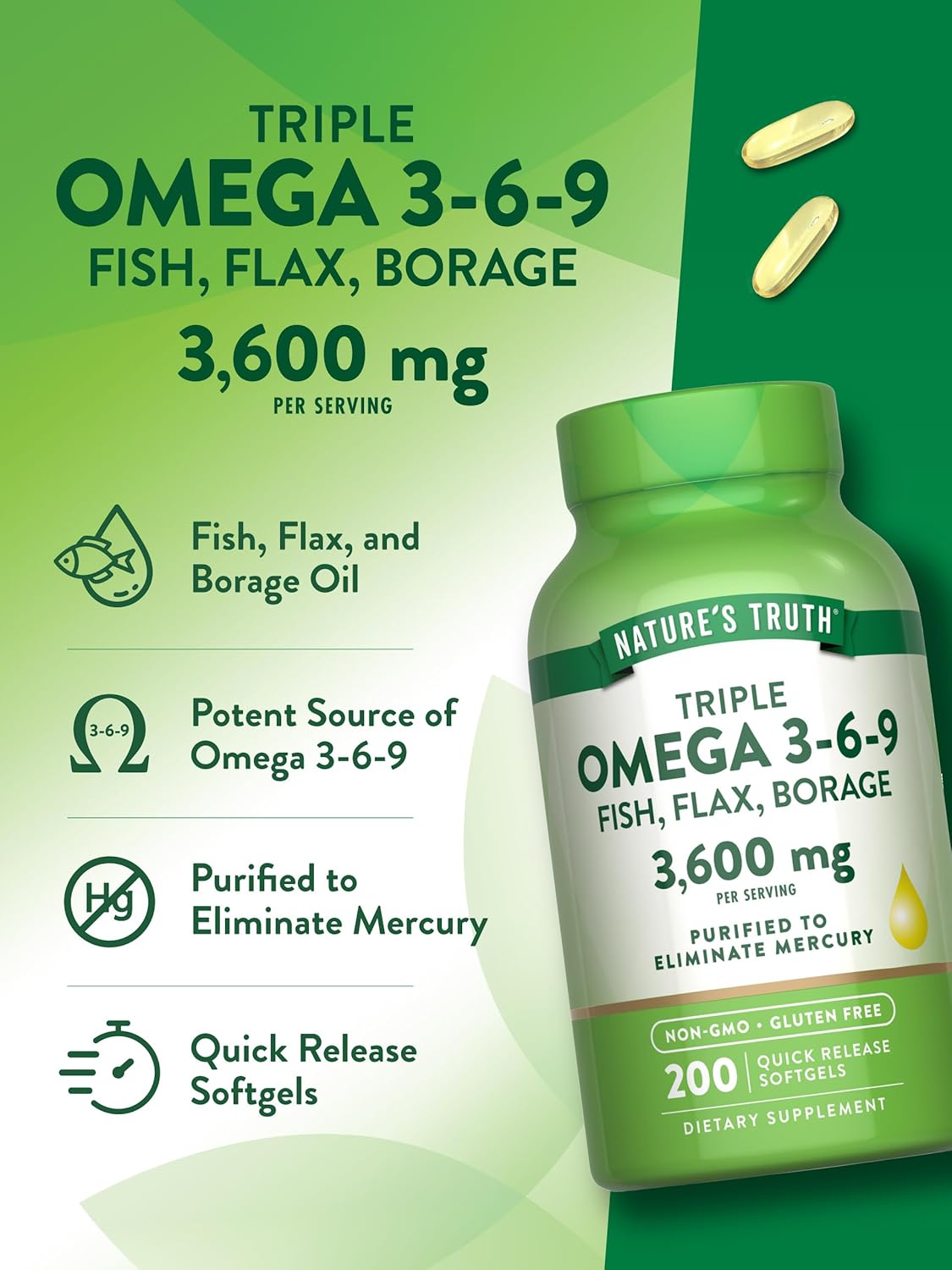  نيتشرز تروث - تريبل اوميجا 3-6-9 , 3600 مجم (200 كبسولة) - Nature's Truth Triple Omega 3-6-9 