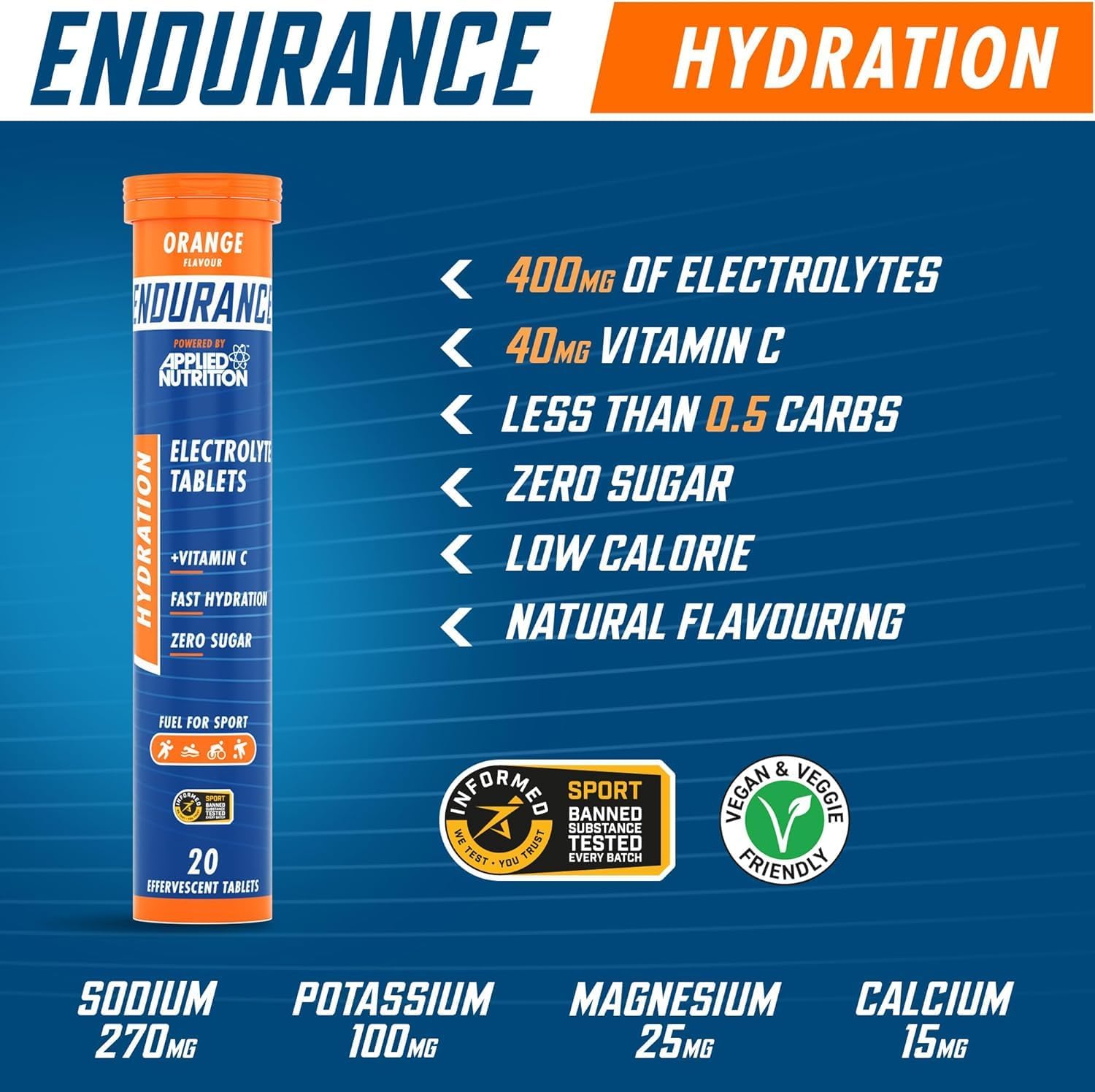  أبلايد نيوتريشن - انديورنس هيدراشين الكتروليت مع فيتامين سي (20 قرص) - Applied Nutrition Endurance Hydration Electrolyte 