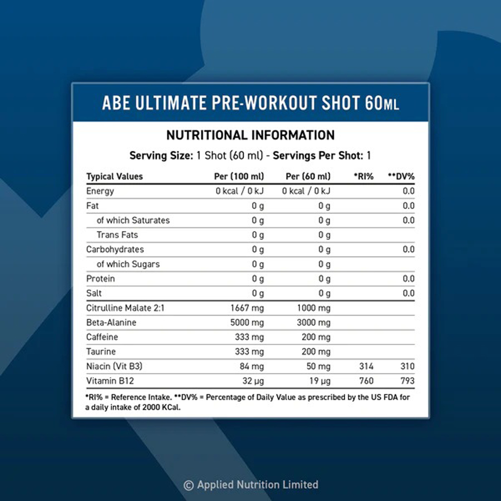  Applied Nutrition ABE Ultimate Pre Workout Shot Nutritional values 