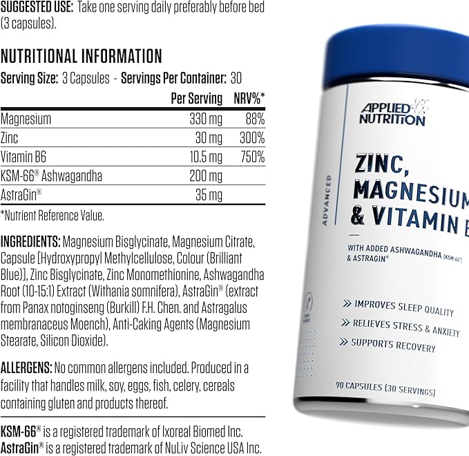  ابلايد نيوترشن - ZMA مع اشواجندا (90 كبسولة) - Applied Nutrition ZMA With Ashwagandha 