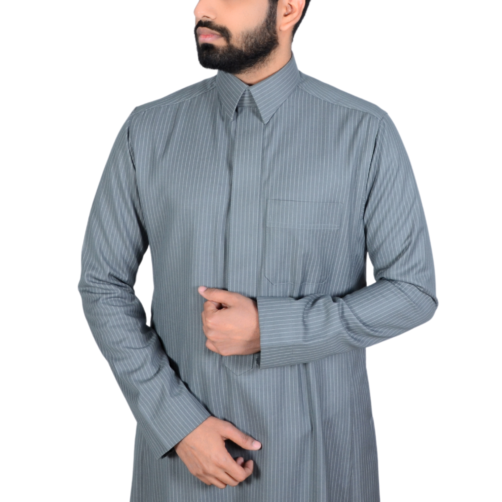  ثوب سعودي شتوي مقلم تيـتانيوم سلفر | تصميم عصري من الوسطى
