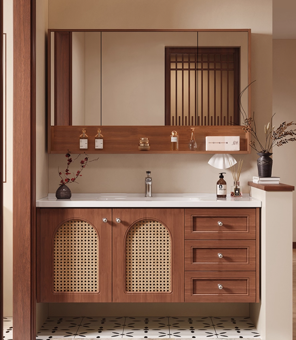  Wooden bathroom cabinet with storage mirror 