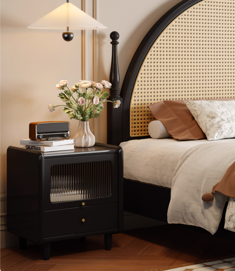  Wooden bed with rattan fabric 