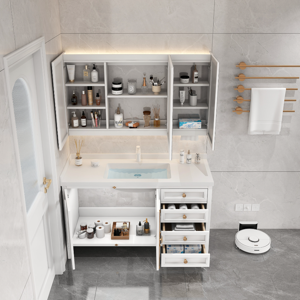  Wooden washbasin with smart mirror in cabinet 