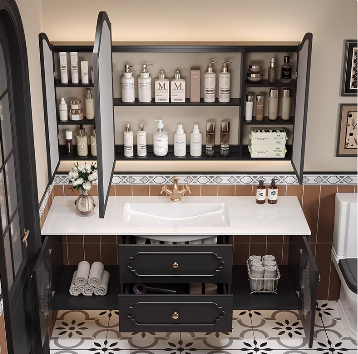  Antique oak bathroom cabinet and mirrored cabinet 