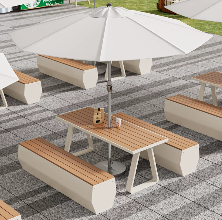  A complete and modern set of a table and two chairs with an umbrella 