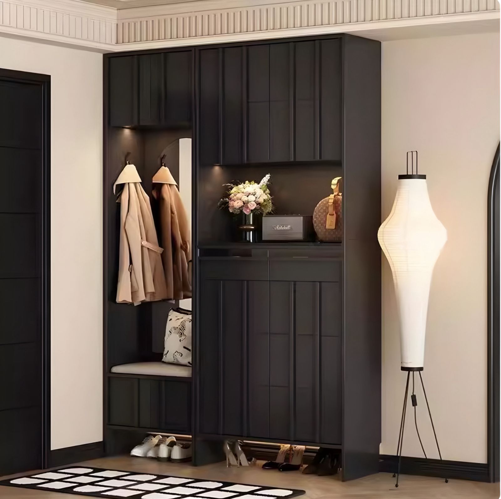  Wooden shoe cabinet for the entryway with mirror and bench 