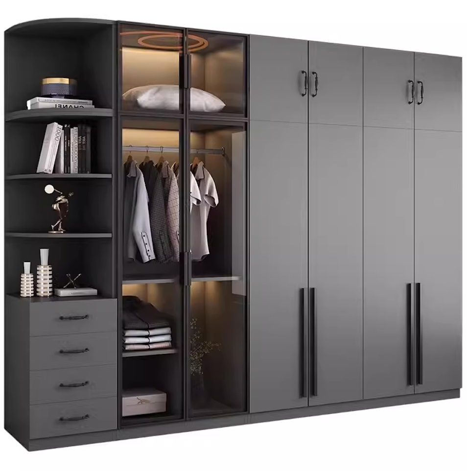  خزانة ملابس خشب وزجاج مودرن بمقابض ذهبية - دولاب ملابس فاخر من KS-Furniture 