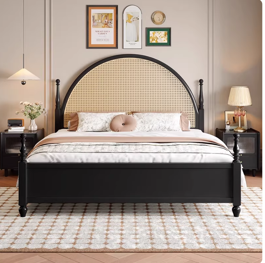  Wooden bed with rattan fabric 