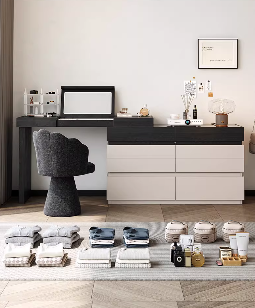  Decorative table with integrated cabinet and foldable mirror 