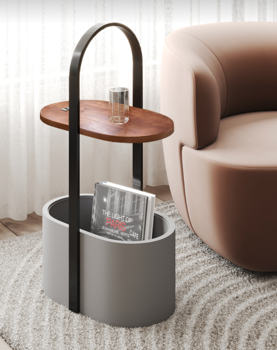 Bedside table with lighting and bucket 