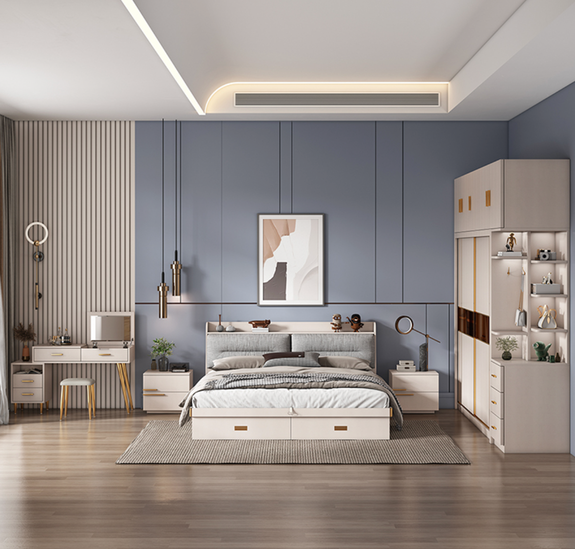  غرفة نوم كلاسيك خشب زان مع دولاب ملابس كبير مذهب - KS-Furniture 