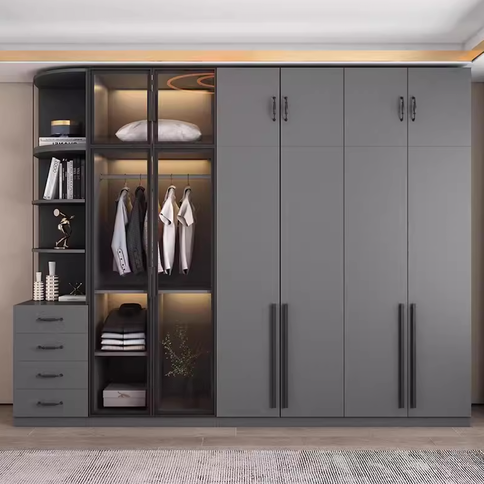  خزانة ملابس خشب وزجاج مودرن بمقابض ذهبية - دولاب ملابس فاخر من KS-Furniture 