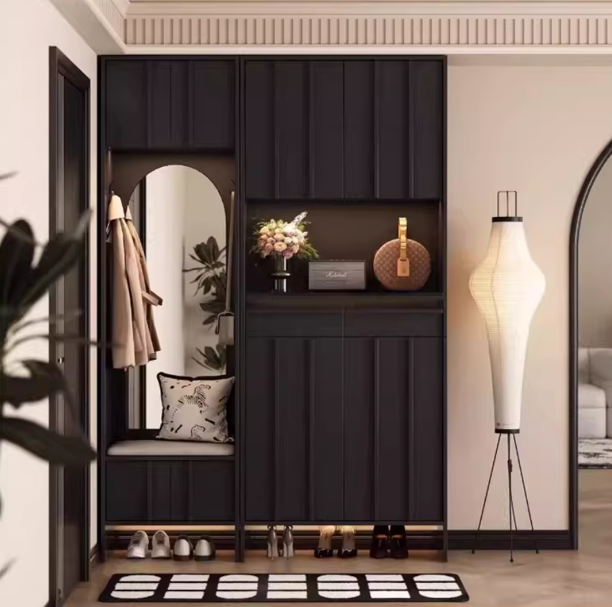  Wooden shoe cabinet for the entryway with mirror and bench 