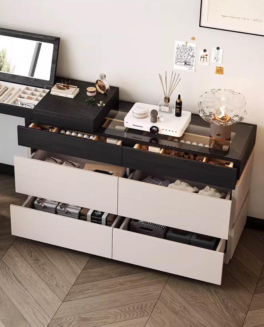  Decorative table with integrated cabinet and foldable mirror 
